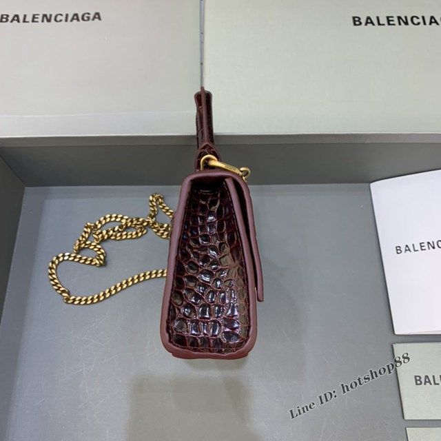 Balenciaga專櫃爆款手提女包 巴黎世家鱷魚紋牛皮棗紅色mini Hourglass沙漏包 fyj1016